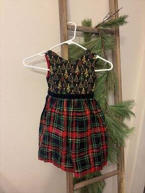 Girls Christmas Holiday Plaid and Tree Print Dress